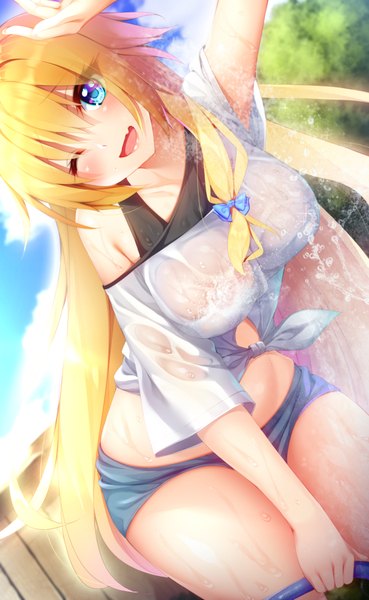 Anime picture 1200x1950 with original chikuwabuta single long hair tall image looking at viewer blush fringe breasts open mouth blue eyes light erotic blonde hair hair between eyes large breasts holding payot sky cloud (clouds) outdoors