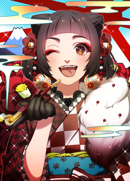 Anime picture 1080x1500 with original sumino akasuke single tall image fringe short hair black hair brown eyes upper body blunt bangs nail polish traditional clothes japanese clothes one eye closed wink sparkle fang (fangs) piercing eyeshadow new year