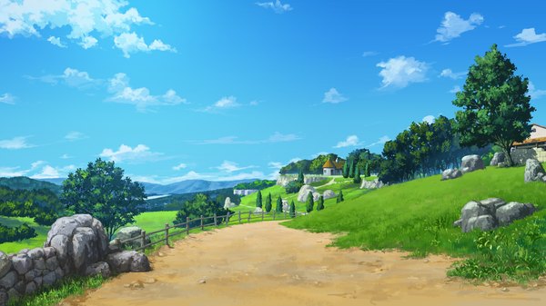 Anime picture 1280x720 with hyakka ryouran elixir senomoto hisashi wide image game cg sky cloud (clouds) landscape plant (plants) tree (trees) grass fence house road