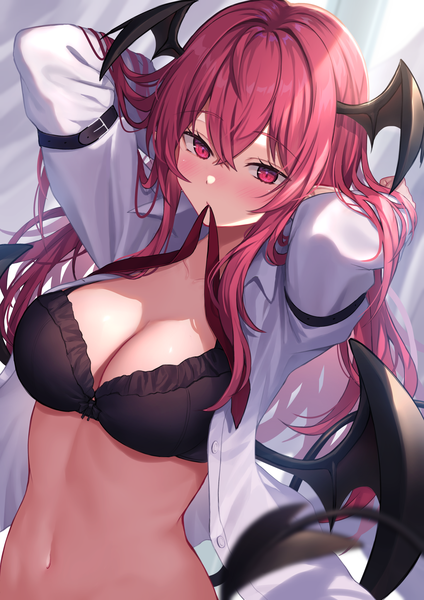 Anime picture 1447x2047 with touhou koakuma wowoguni single long hair tall image looking at viewer fringe breasts light erotic hair between eyes large breasts holding pink hair cleavage upper body tail pink eyes pointy ears arms up