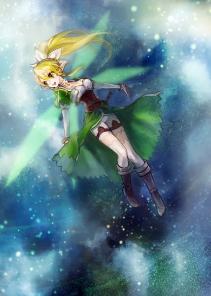 Anime picture 900x1262 with sword art online a-1 pictures leafa michi ta (masquerade) single long hair tall image open mouth blonde hair green eyes looking away ponytail pointy ears spread arms flying girl thighhighs weapon white thighhighs sword