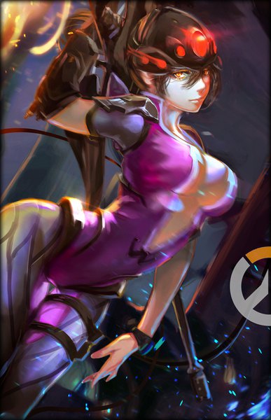 Anime picture 1292x2000 with overwatch blizzard entertainment widowmaker (overwatch) luviantree single long hair tall image looking at viewer fringe breasts light erotic black hair hair between eyes holding yellow eyes cleavage ponytail arm up orange eyes thigh gap