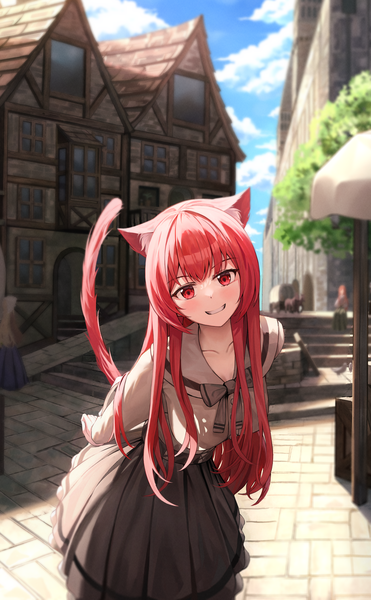 Anime picture 2945x4763 with original bekkuro long hair tall image looking at viewer fringe highres smile red eyes standing animal ears sky cloud (clouds) outdoors red hair tail head tilt animal tail cat ears cat girl