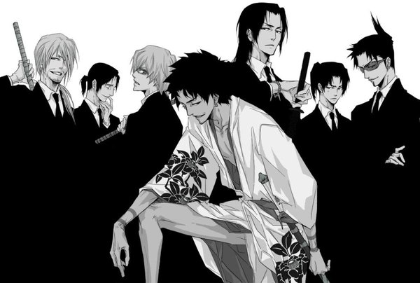 Anime picture 1484x1000 with samurai champloo mugen (samurai champloo) jinnosuke jiro (samurai champloo) ichiro (samurai champloo) kim-san (samurai champloo) nishikawa (samurai champloo) russian samurai monochrome samurai boy weapon sword glasses katana