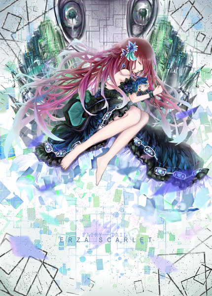 Anime picture 2495x3483 with fairy tail erza scarlet jellal fernandes jomill single long hair tall image fringe highres pink hair bent knee (knees) lying barefoot hair flower sleeping girl dress hair ornament flower (flowers) frills