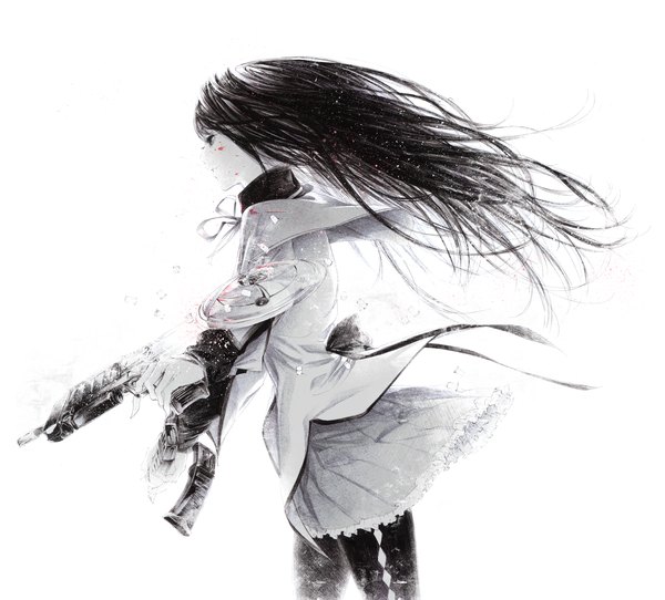 Anime picture 1500x1357 with mahou shoujo madoka magica shaft (studio) akemi homura sousou (sousouworks) single long hair open mouth black hair simple background standing white background holding profile pleated skirt wind grey eyes monochrome smoke magical girl girl