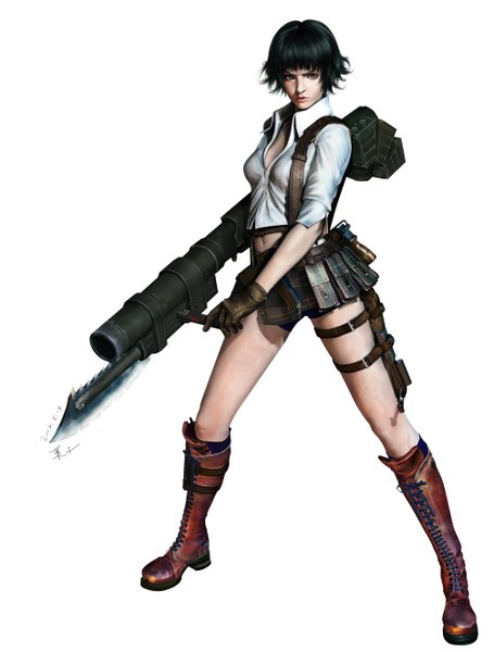 Anime picture 2012x2654 with devil may cry capcom lady (devil may cry) yoko (pixiv id2917477) single tall image highres short hair black hair simple background white background looking away legs heterochromia girl navel miniskirt shirt boots gun