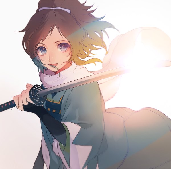 Anime picture 885x874 with touken ranbu nitroplus yamato no kami yasusada momoshiki tsubaki single long hair looking at viewer open mouth blue eyes simple background brown hair white background ponytail traditional clothes japanese clothes from above wind shinsengumi boy weapon