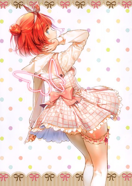Anime picture 2425x3426 with original dsmile single tall image looking at viewer blush fringe highres short hair blue eyes simple background standing red hair profile looking back arm up from behind scan hair bun (hair buns) polka dot