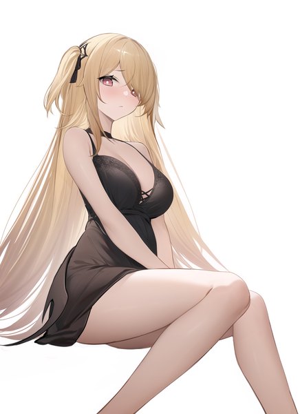 Anime picture 2048x2816 with genshin impact fischl (genshin impact) shibuya (kurokamishain) single long hair tall image looking at viewer blush fringe highres breasts light erotic simple background blonde hair red eyes large breasts white background sitting bare shoulders cleavage