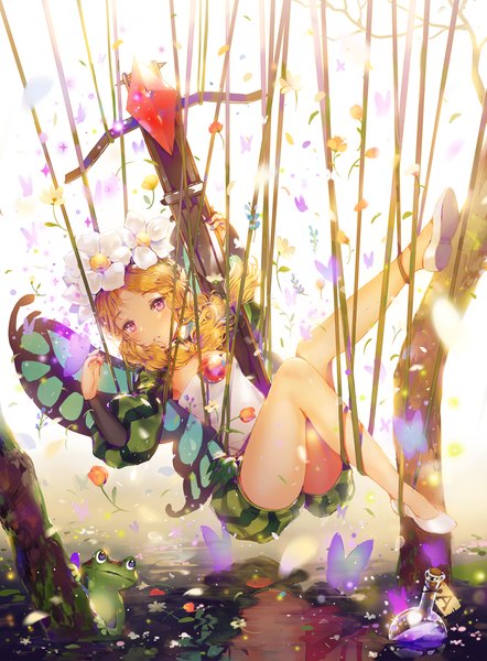 Anime picture 1000x1358 with odin sphere vanillaware mercedes (odin sphere) ingway (odin sphere) dangmill single long hair tall image looking at viewer blonde hair holding looking away full body bent knee (knees) braid (braids) nail polish pink eyes hair flower sparkle twin braids