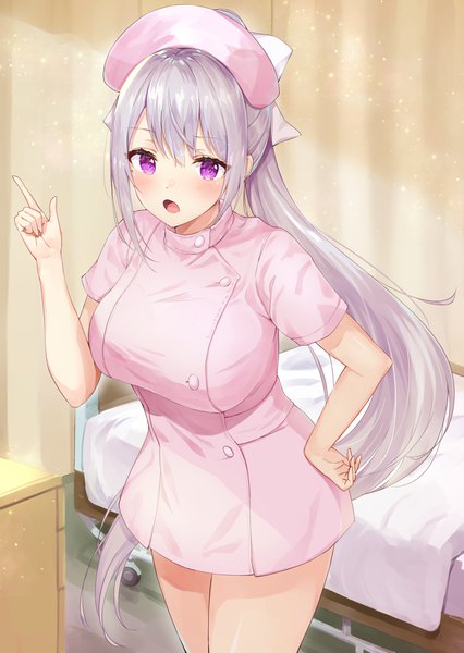 Anime picture 2866x4041 with virtual youtuber nijisanji higuchi kaede racchi. single long hair tall image looking at viewer blush fringe highres breasts open mouth hair between eyes large breasts standing purple eyes payot silver hair ponytail