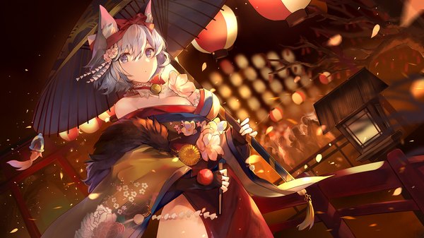 Anime picture 1800x1012 with masterwork apocalypse kita (kitairoha) single looking at viewer fringe highres short hair breasts light erotic hair between eyes wide image large breasts purple eyes animal ears cleavage silver hair outdoors tail animal tail off shoulder