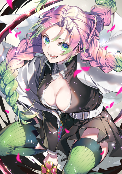 Anime picture 634x900 with kimetsu no yaiba ufotable kanroji mitsuri noes single long hair tall image looking at viewer blush fringe breasts open mouth light erotic simple background smile large breasts green eyes pink hair braid (braids) traditional clothes