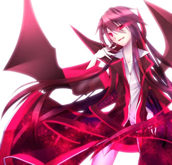 Anime picture 1000x961 with original kawasaki toiro single looking at viewer open mouth red eyes white background purple hair very long hair light smile glowing glowing eye (eyes) girl wings cloak