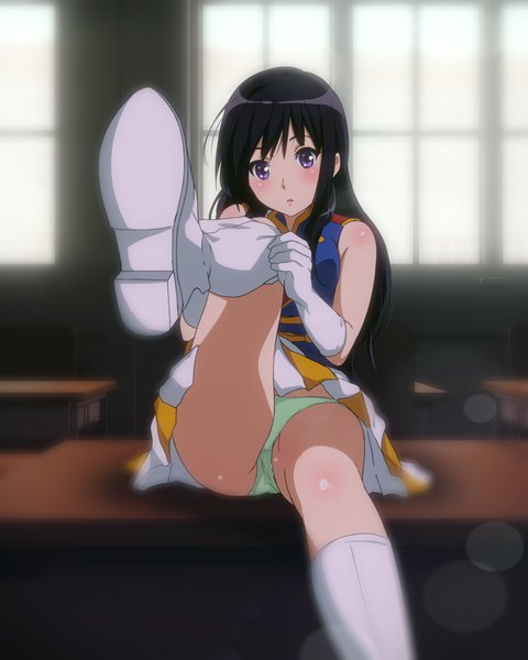 Anime picture 900x1125 with hibike! euphonium kyoto animation kousaka reina sbel02 single long hair tall image looking at viewer blush light erotic black hair purple eyes legs leg lift (legs lift) dressing girl skirt gloves underwear panties