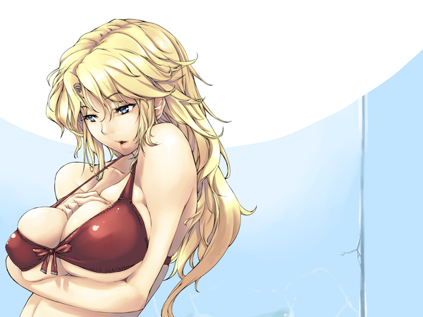 Anime picture 1750x1313 with original east (artist) long hair highres breasts blue eyes light erotic blonde hair large breasts girl swimsuit bikini red bikini