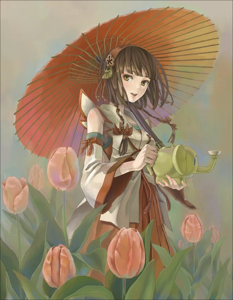 Anime picture 1346x1735 with original hd (artist) single tall image fringe open mouth brown hair standing holding brown eyes traditional clothes happy girl flower (flowers) bow ribbon (ribbons) hair bow hair ribbon detached sleeves hairband