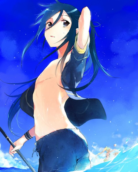 Anime picture 882x1102 with sword art online a-1 pictures kirigaya kazuto leafa alice 1218 long hair tall image fringe blue eyes blonde hair blue hair sky cloud (clouds) ponytail wind open clothes girl boy water bracelet