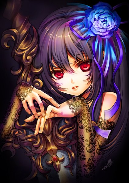 Anime picture 868x1228 with original okuma mai single long hair tall image looking at viewer black hair red eyes hair flower dark background girl dress hair ornament flower (flowers) weapon detached sleeves sword