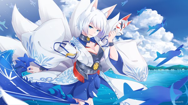 Anime picture 2200x1238 with azur lane kaga (azur lane) masabodo single looking at viewer fringe highres short hair breasts open mouth blue eyes smile wide image holding animal ears sky cleavage cloud (clouds) outdoors white hair