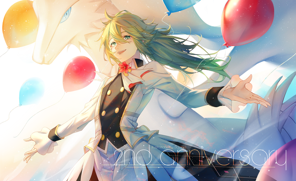 Anime picture 3000x1842 with pokemon pokemon (game) pokemon masters ex nintendo n (pokemon) reshiram somnia single long hair fringe highres open mouth hair between eyes wide image green eyes :d green hair official alternate costume spread arms anniversary