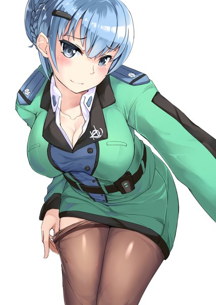 Anime picture 1240x1748 with original 463 jun single tall image looking at viewer blush fringe breasts blue eyes light erotic large breasts blue hair cleavage braid (braids) long sleeves grey eyes bent over military girl dress