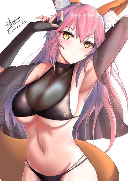 Anime picture 2480x3508 with fate (series) fate/grand order tamamo (fate) (all) tamamo no mae (fate) ichikawayan single long hair tall image looking at viewer blush fringe highres breasts light erotic simple background hair between eyes large breasts white background signed payot