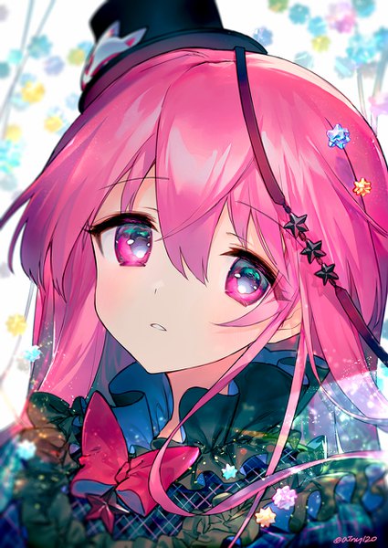 Anime picture 900x1270 with touhou hata no kokoro ainy single long hair tall image looking at viewer blush fringe hair between eyes pink hair upper body parted lips pink eyes girl hat food sweets star (symbol) candy