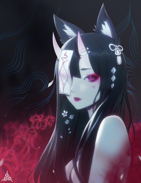 Anime picture 5548x7200 with original paul (shiramune) single long hair tall image looking at viewer fringe highres black hair animal ears absurdres upper body parted lips pink eyes hair flower horn (horns) lips lipstick fox ears facial mark