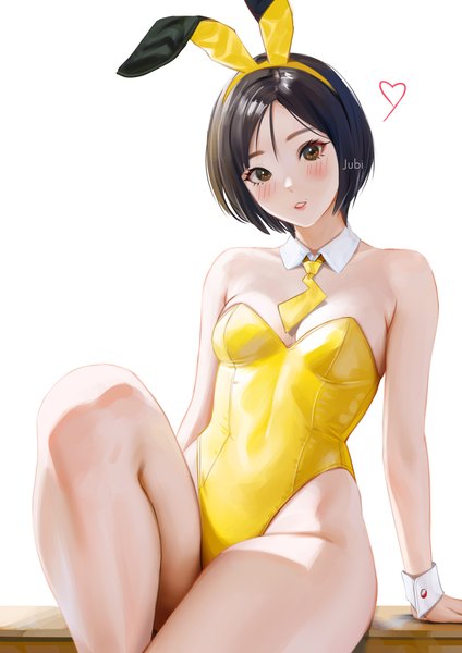 Anime picture 2480x3508 with real life ditta amelia saraswati jubi (regiana) single tall image looking at viewer blush highres short hair breasts light erotic black hair simple background white background sitting brown eyes signed animal ears head tilt one eye closed