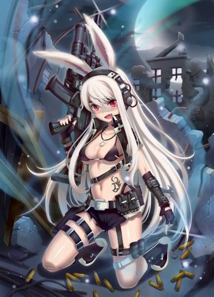 Anime picture 866x1200 with original s-goon single long hair tall image looking at viewer breasts open mouth light erotic red eyes animal ears white hair tattoo bunny ears bunny girl girl gloves weapon glasses shorts