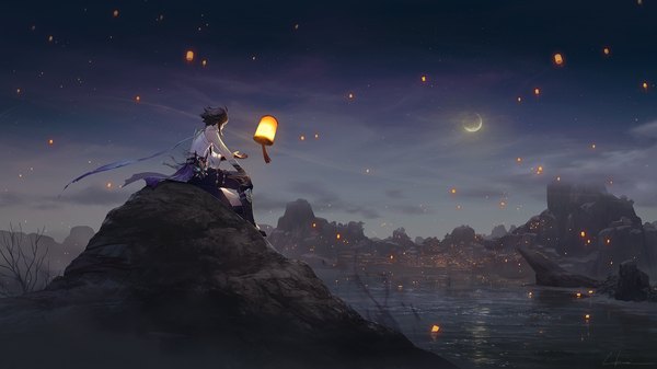 Anime picture 1800x1012 with genshin impact xiao (genshin impact) megusuri single highres short hair black hair wide image sitting night wide sleeves tattoo night sky city crescent city lights rock boy gloves black gloves