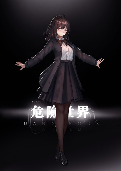 Anime picture 1414x2000 with original yurichtofen single long hair tall image looking at viewer blush fringe breasts simple background hair between eyes red eyes brown hair standing signed full body ahoge long sleeves pleated skirt open jacket