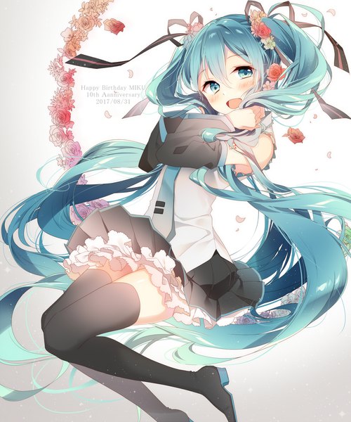 Anime picture 980x1177 with vocaloid hatsune miku naoto (tulip) single tall image looking at viewer blush fringe open mouth hair between eyes twintails very long hair hair flower aqua eyes aqua hair character names adjusting hair dated jumping happy birthday