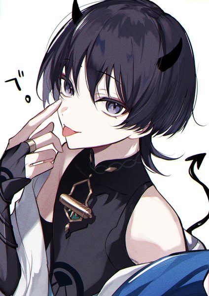 Anime picture 2894x4093 with genshin impact scaramouche (genshin impact) wanderer (genshin impact) yui (linaw-key08) single tall image looking at viewer highres short hair black hair simple background white background purple eyes upper body tail horn (horns) demon tail no hat akanbe boy