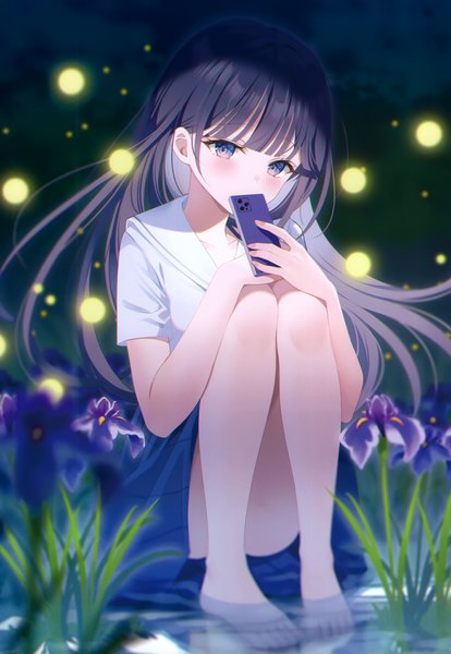 Anime picture 2405x3485 with original myusha single long hair tall image looking at viewer blush fringe highres blue eyes light erotic black hair holding bent knee (knees) outdoors scan arms up short sleeves covered mouth soaking feet