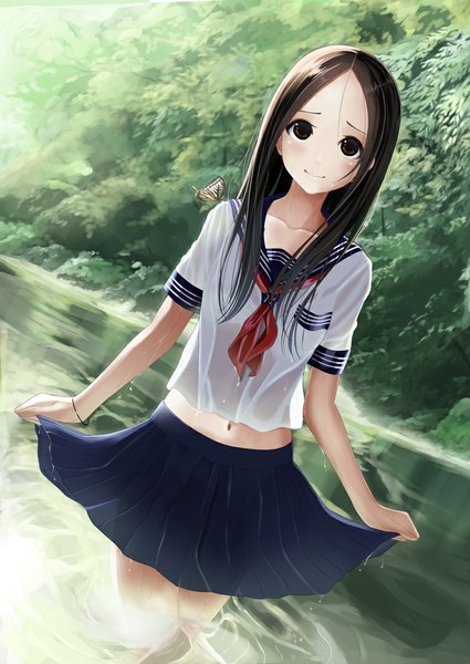 Anime picture 753x1063 with original kentaurosu single long hair tall image looking at viewer blush smile brown hair standing brown eyes pleated skirt wet wet clothes girl skirt navel uniform miniskirt water