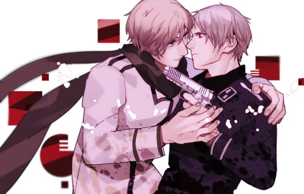 Anime picture 1500x958 with axis powers hetalia studio deen russia (hetalia) prussia (hetalia) short hair blonde hair simple background red eyes white background purple eyes grey hair multiple boys hug holding hands face to face boy uniform weapon jacket scarf