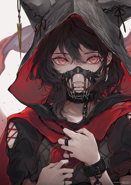 Anime picture 1447x2047 with original marumoru single long hair tall image looking at viewer fringe open mouth black hair simple background hair between eyes red eyes white background signed upper body mole mole under eye twitter username piercing ear piercing