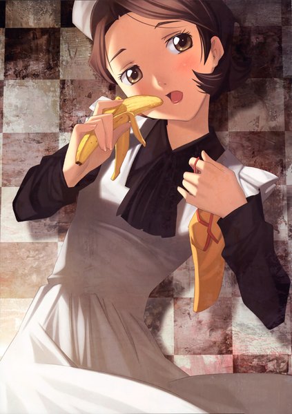 Anime picture 3313x4697 with code geass sunrise (studio) shinozaki sayoko ogata kouji single tall image looking at viewer blush highres short hair open mouth brown hair brown eyes absurdres scan maid checkered checkered background girl fruit