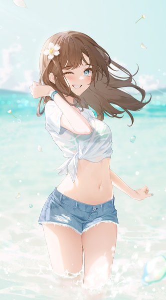 Anime picture 1250x2250 with original connie (keean2019) single long hair tall image looking at viewer blush fringe breasts blue eyes smile brown hair standing sky outdoors one eye closed arm up hair flower wind wink