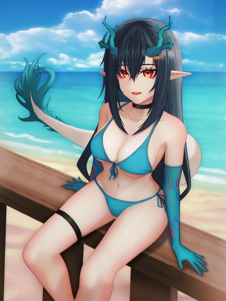 Anime picture 3000x4000 with arknights dusk (arknights) absurd fox single long hair tall image fringe highres breasts open mouth light erotic black hair smile hair between eyes red eyes sitting looking away sky cleavage cloud (clouds)