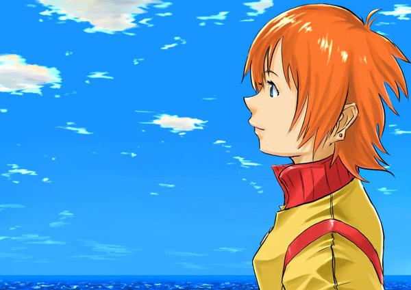 Anime picture 1754x1240 with mujin wakusei survive uninhabited planet survive luna (mujin wakusei survive) single highres short hair blue eyes simple background sky cloud (clouds) profile light smile orange hair blue background girl earrings jacket sea