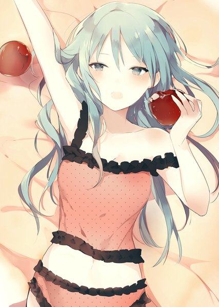 Anime picture 700x984 with vocaloid romeo to cinderella (vocaloid) hatsune miku lpip single long hair tall image looking at viewer blush fringe breasts open mouth blue eyes light erotic hair between eyes bare shoulders holding blue hair cleavage upper body