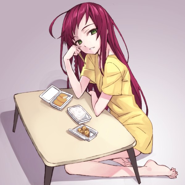 Anime picture 1200x1200 with hataraku maou-sama! white fox yusa emi matsuryuu single long hair looking at viewer simple background sitting green eyes pink hair barefoot arm support wariza girl food t-shirt table meat rice