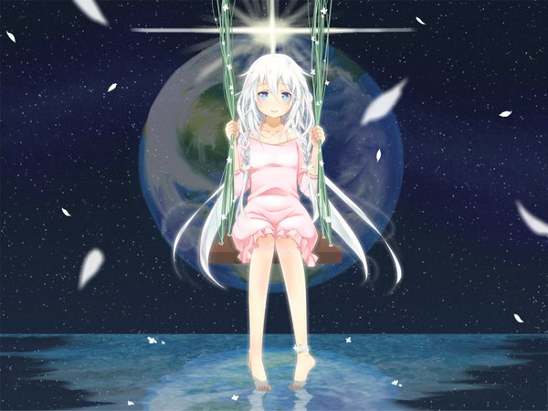 Anime picture 1500x1126 with vocaloid ia (vocaloid) single long hair looking at viewer fringe sitting holding sky silver hair braid (braids) barefoot aqua eyes alternate costume twin braids alternate color girl petals water star (stars)