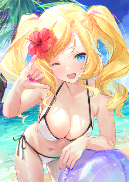 Anime picture 700x988 with kantai collection honolulu (kancolle) ouri (aya pine) single long hair tall image looking at viewer breasts open mouth blue eyes light erotic blonde hair large breasts twintails outdoors nail polish one eye closed hair flower wink leaning