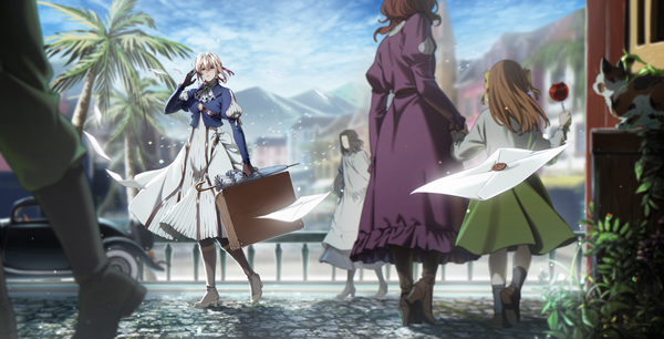 Anime picture 3441x1760 with violet evergarden kyoto animation violet evergarden (character) e7 (runaway162) fringe highres short hair blue eyes blonde hair hair between eyes wide image standing multiple girls holding payot looking away sky cloud (clouds) full body outdoors