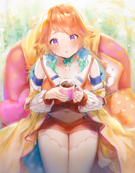 Anime picture 1968x2530 with virtual youtuber hololive hololive english takanashi kiara modoki kuma single long hair tall image looking at viewer blush fringe highres breasts open mouth sitting purple eyes holding indoors head tilt multicolored hair